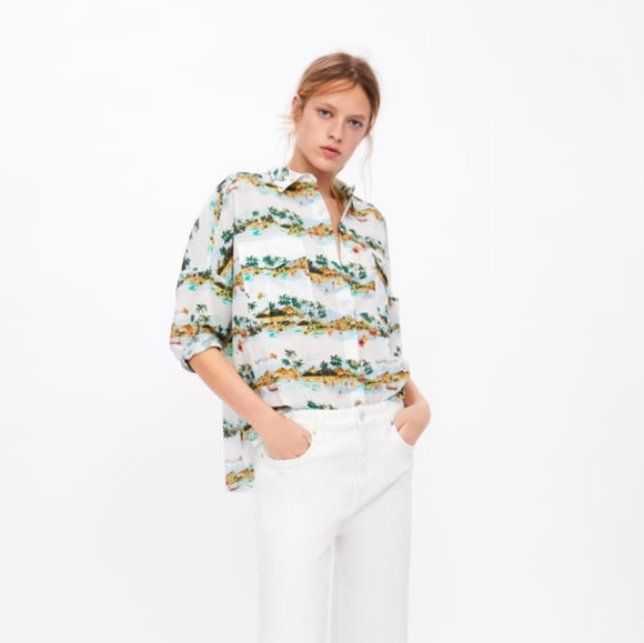 ZARA palm tree print shirt size S - Picture 2 of 8